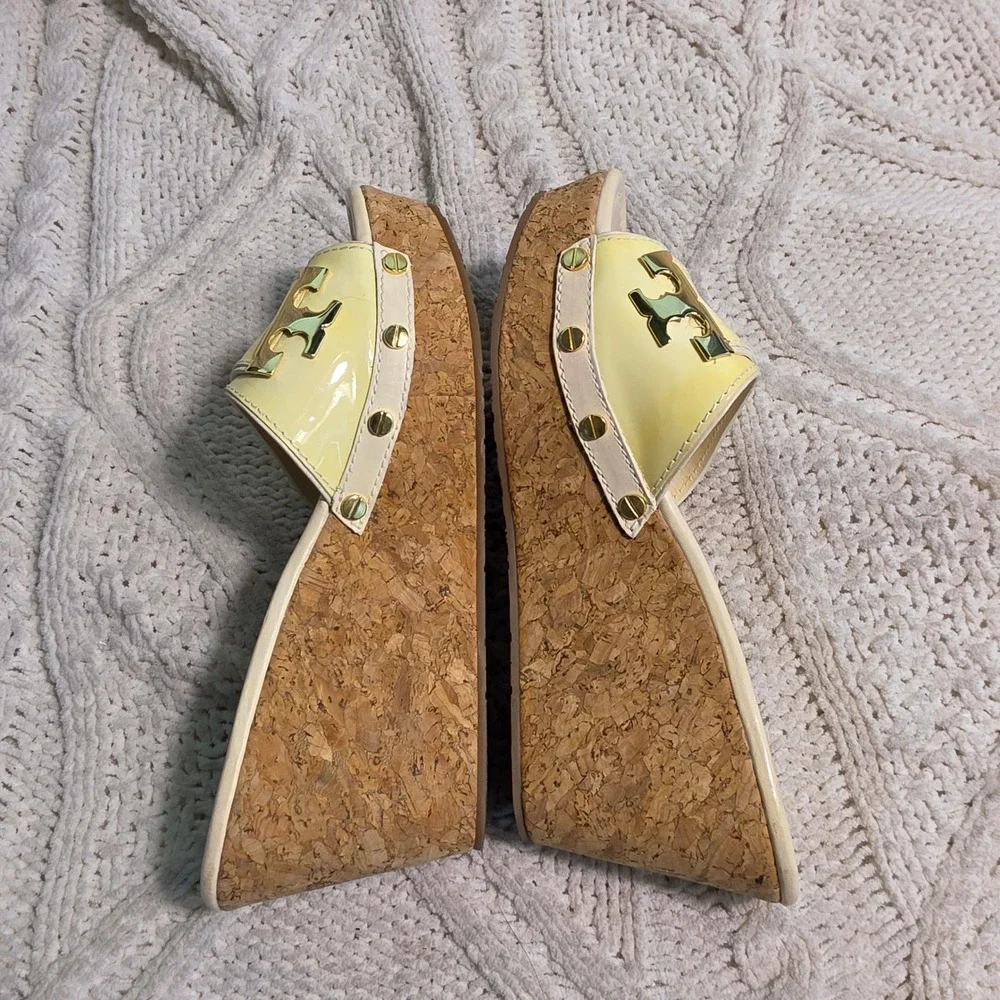 Tory Burch Miller Cork Wedge Sandals Yellow Patent Leather‎ Womens 6.5M
